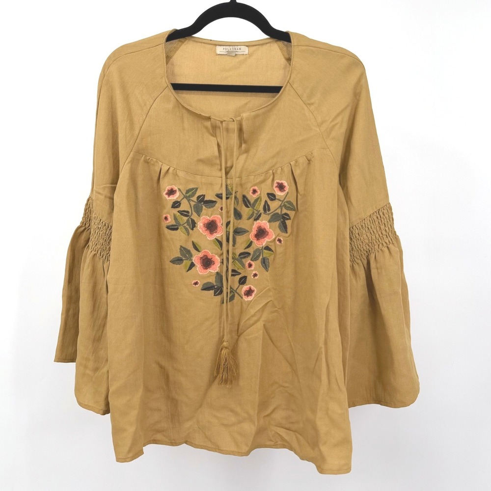 Polagram L Blouse Mustard Yellow Floral Embroidered‎ Bell Sleeve Boho Hippie